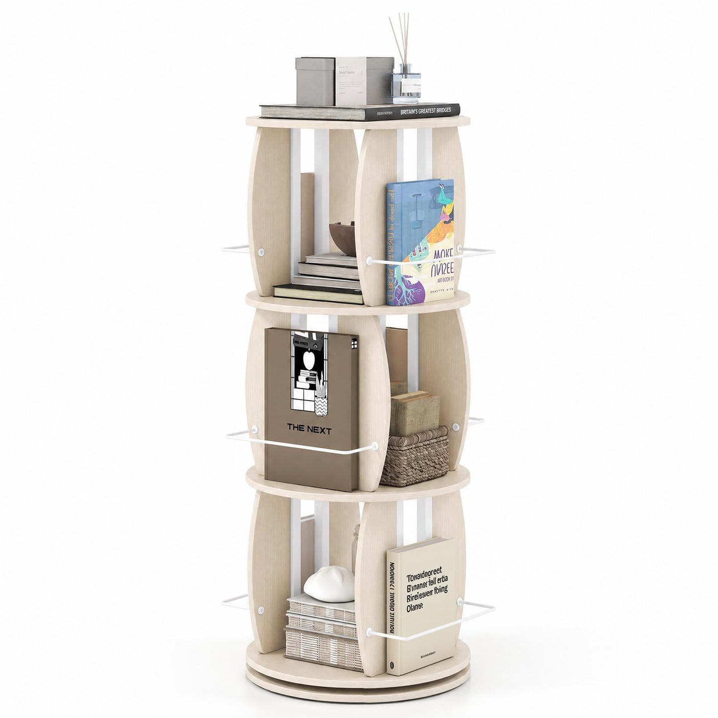 3-Tier 360° Spinning Bookshelf Tower with Display Stands for Small Spaces-White Oak