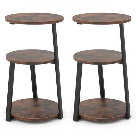 3-Tier Accent Round End Table with Metal Frame and Adjustable Foot Pads-2 Pack
