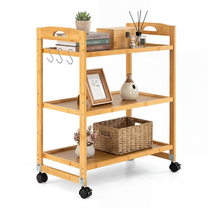 3-Tier Bamboo Rolling Cart with 2 Lockable Wheels and 3 Hooks for Kitchen-Natural