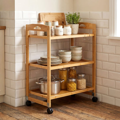 3-Tier Bamboo Rolling Cart with 2 Lockable Wheels and 3 Hooks for Kitchen-Natural