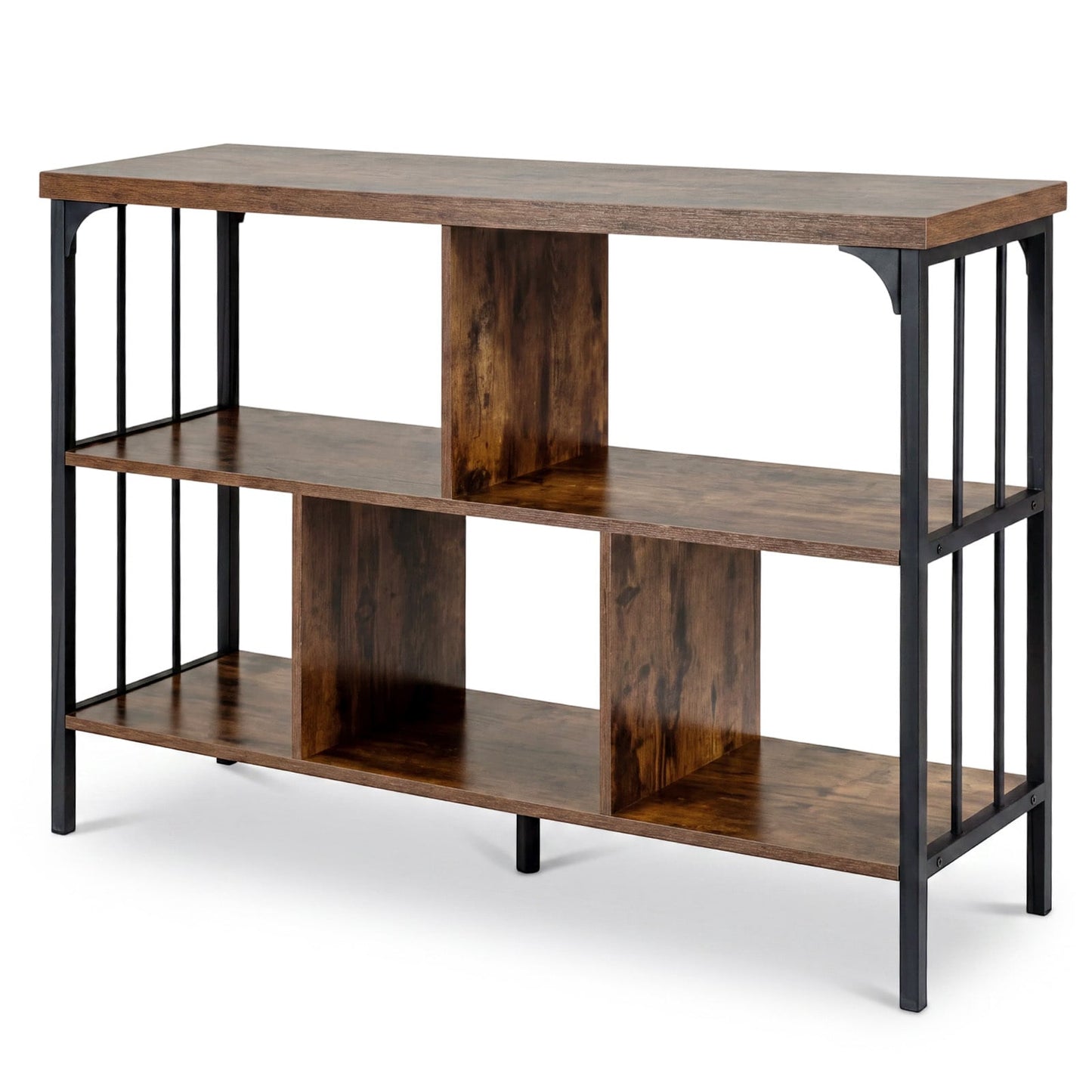 3-Tier Bookshelf with 2 Anti-Tipping Kits Metal Frame and Fencing-Rustic Brown