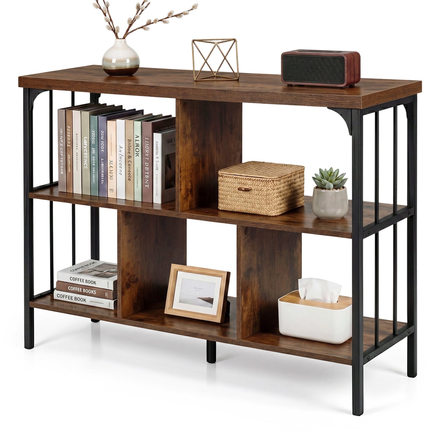 3-Tier Bookshelf with 2 Anti-Tipping Kits Metal Frame and Fencing-Rustic Brown