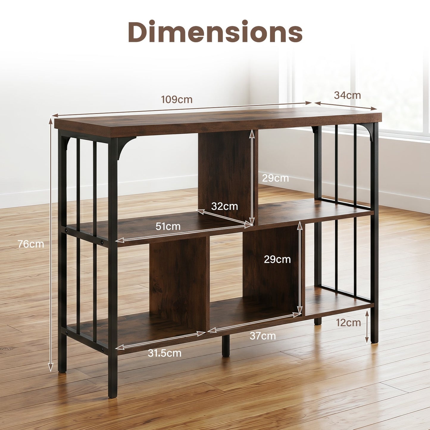 3-Tier Bookshelf with 2 Anti-Tipping Kits Metal Frame and Fencing-Rustic Brown