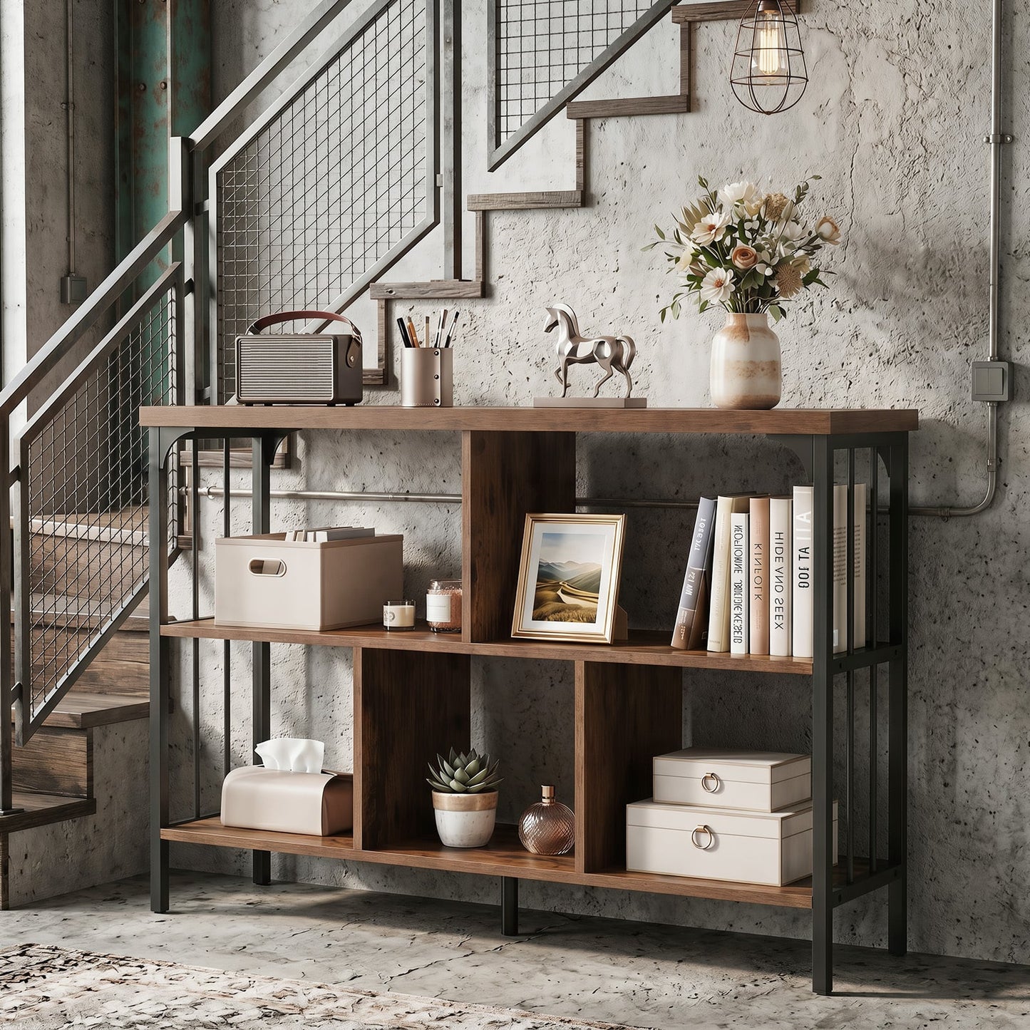 3-Tier Bookshelf with 2 Anti-Tipping Kits Metal Frame and Fencing-Rustic Brown