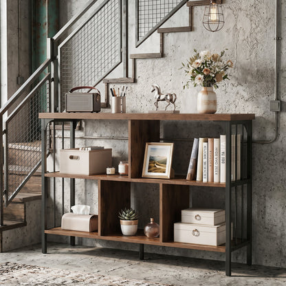 3-Tier Bookshelf with 2 Anti-Tipping Kits Metal Frame and Fencing-Rustic Brown