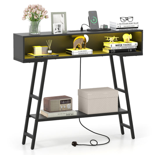 3-Tier Console Table with LED Light and Charging Station-Black