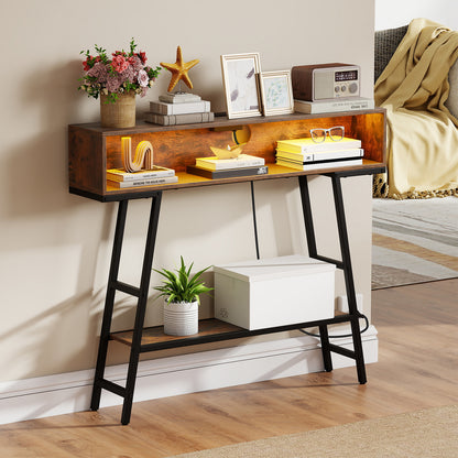 3-Tier Console Table with LED Light and Charging Station-Rustic Brown