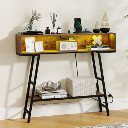 3-Tier Console Table with LED Light and Charging Station-Rustic Brown