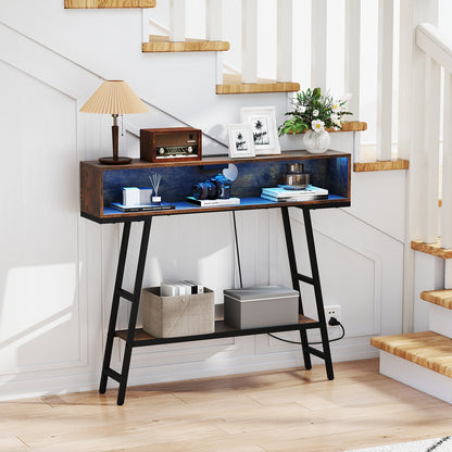 3-Tier Console Table with LED Light and Charging Station-Rustic Brown
