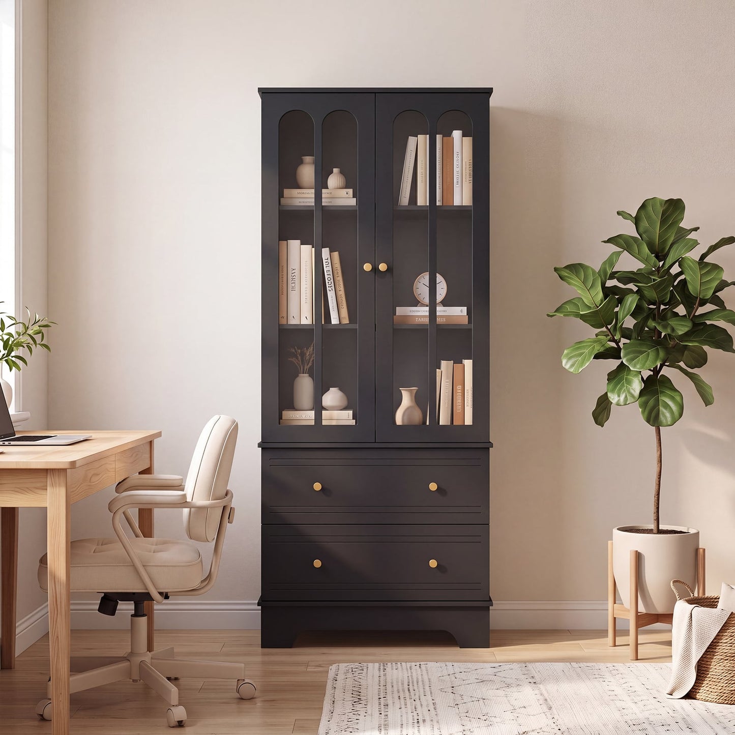 3-Tier Display Storage Cabinet with 2 Drawers and Metal Handles-Black
