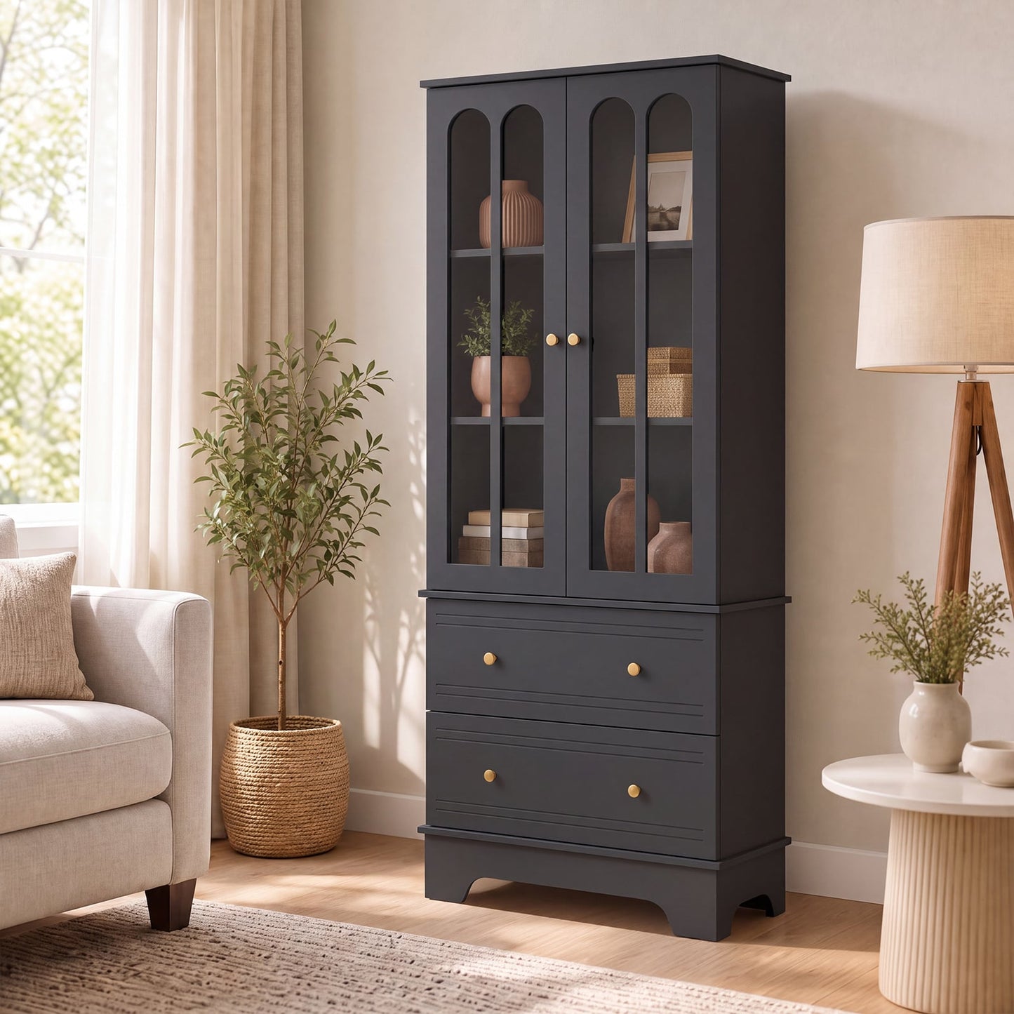 3-Tier Display Storage Cabinet with 2 Drawers and Metal Handles-Black