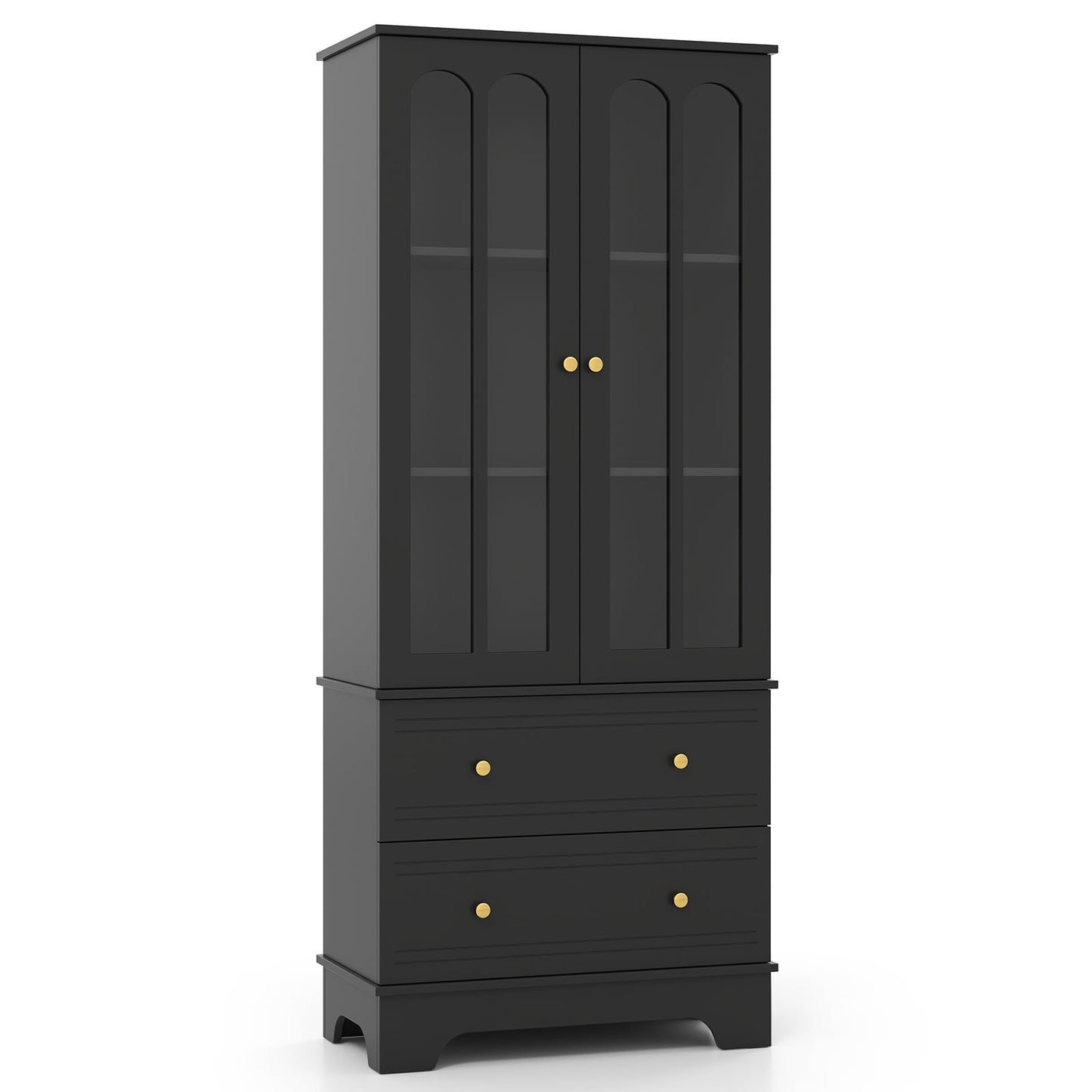 3-Tier Display Storage Cabinet with 2 Drawers and Metal Handles-Black