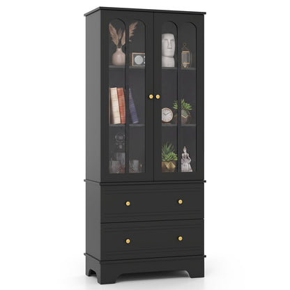 3-Tier Display Storage Cabinet with 2 Drawers and Metal Handles-Black