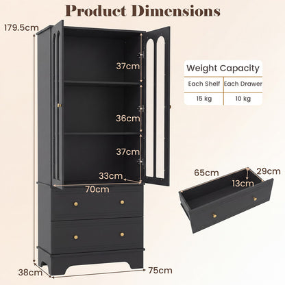 3-Tier Display Storage Cabinet with 2 Drawers and Metal Handles-Black