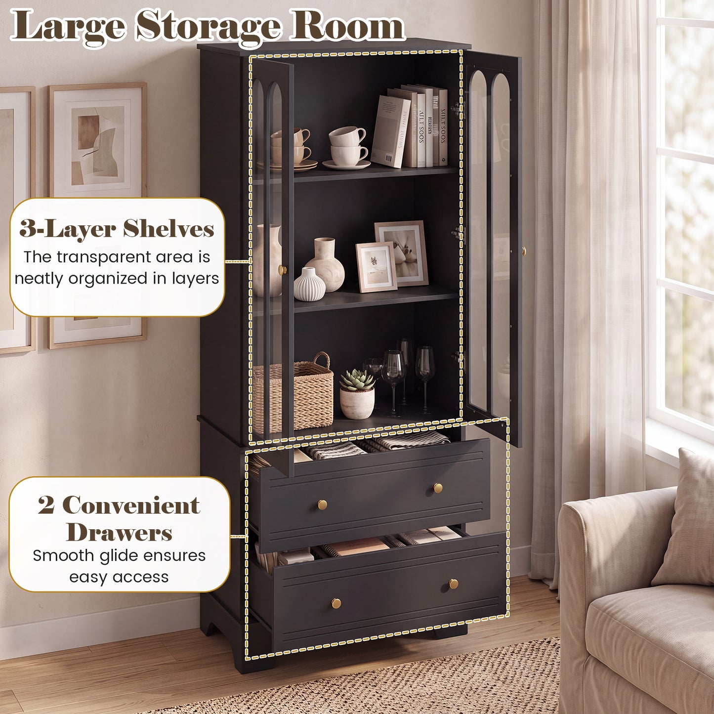 3-Tier Display Storage Cabinet with 2 Drawers and Metal Handles-Black
