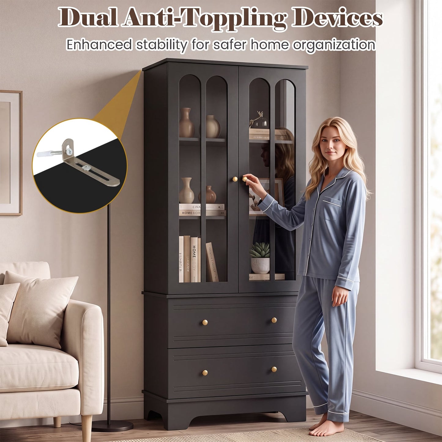 3-Tier Display Storage Cabinet with 2 Drawers and Metal Handles-Black