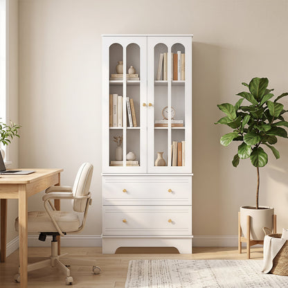 3-Tier Display Storage Cabinet with 2 Drawers and Metal Handles-White