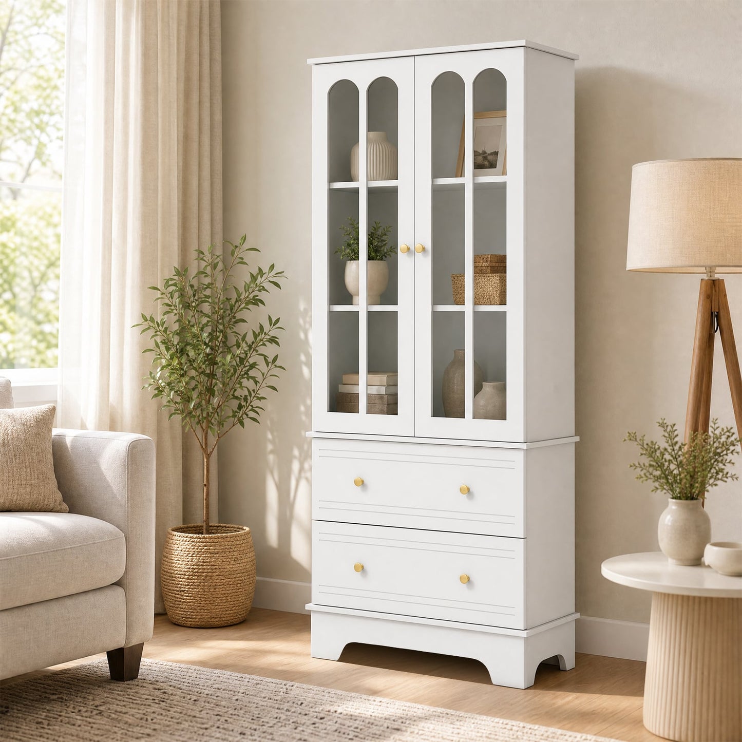 3-Tier Display Storage Cabinet with 2 Drawers and Metal Handles-White