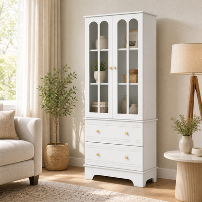 3-Tier Display Storage Cabinet with 2 Drawers and Metal Handles-White