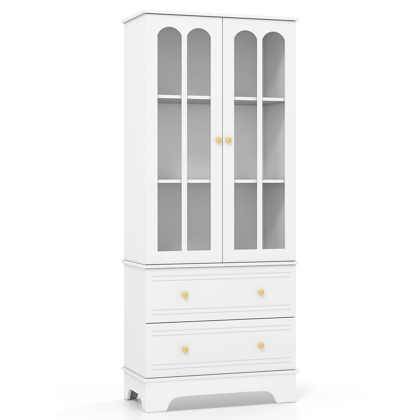 3-Tier Display Storage Cabinet with 2 Drawers and Metal Handles-White