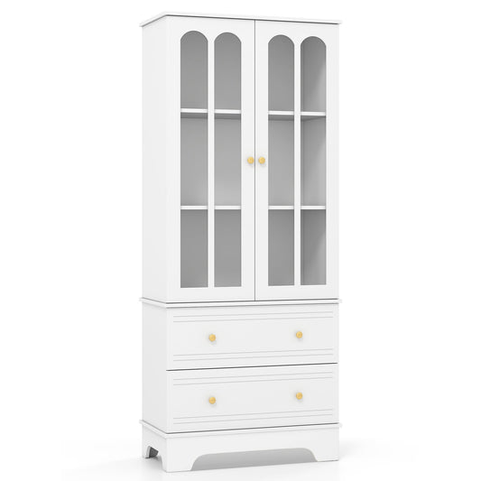 3-Tier Display Storage Cabinet with 2 Drawers and Metal Handles-White
