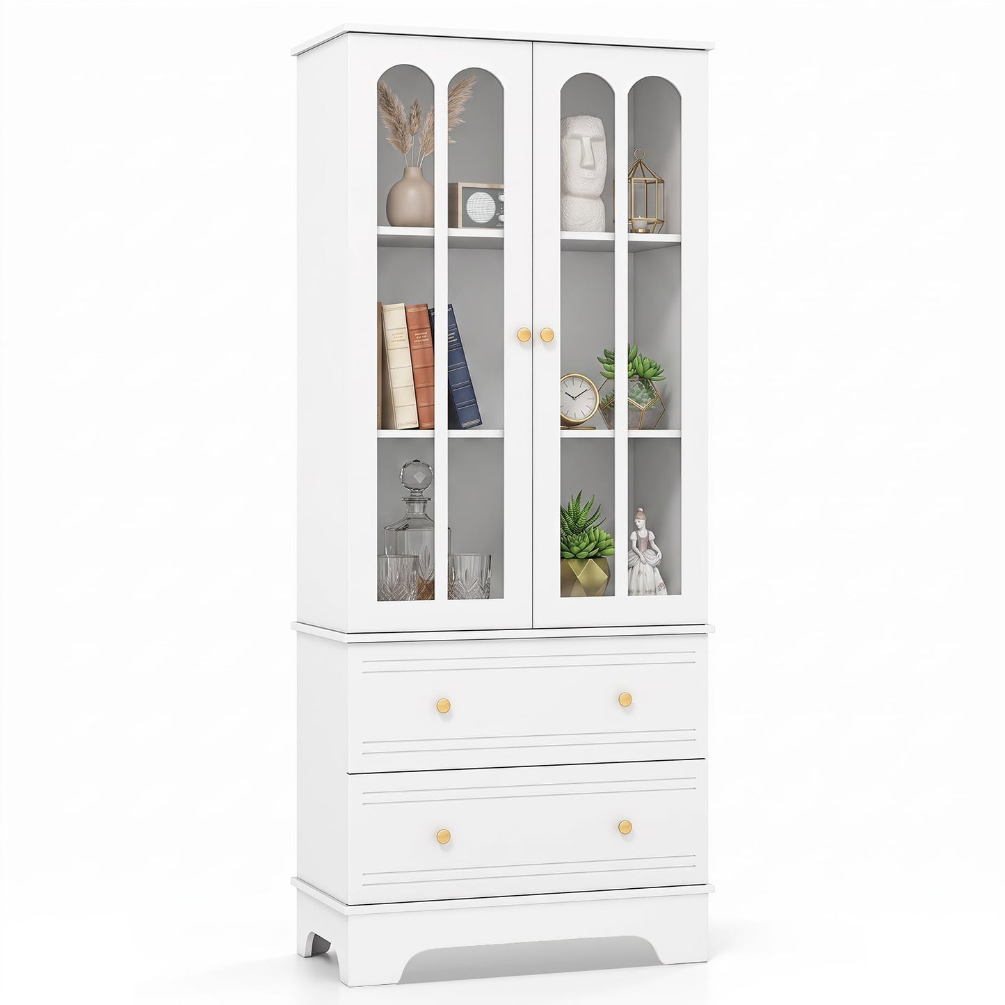 3-Tier Display Storage Cabinet with 2 Drawers and Metal Handles-White