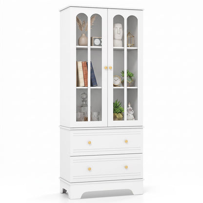 3-Tier Display Storage Cabinet with 2 Drawers and Metal Handles-White