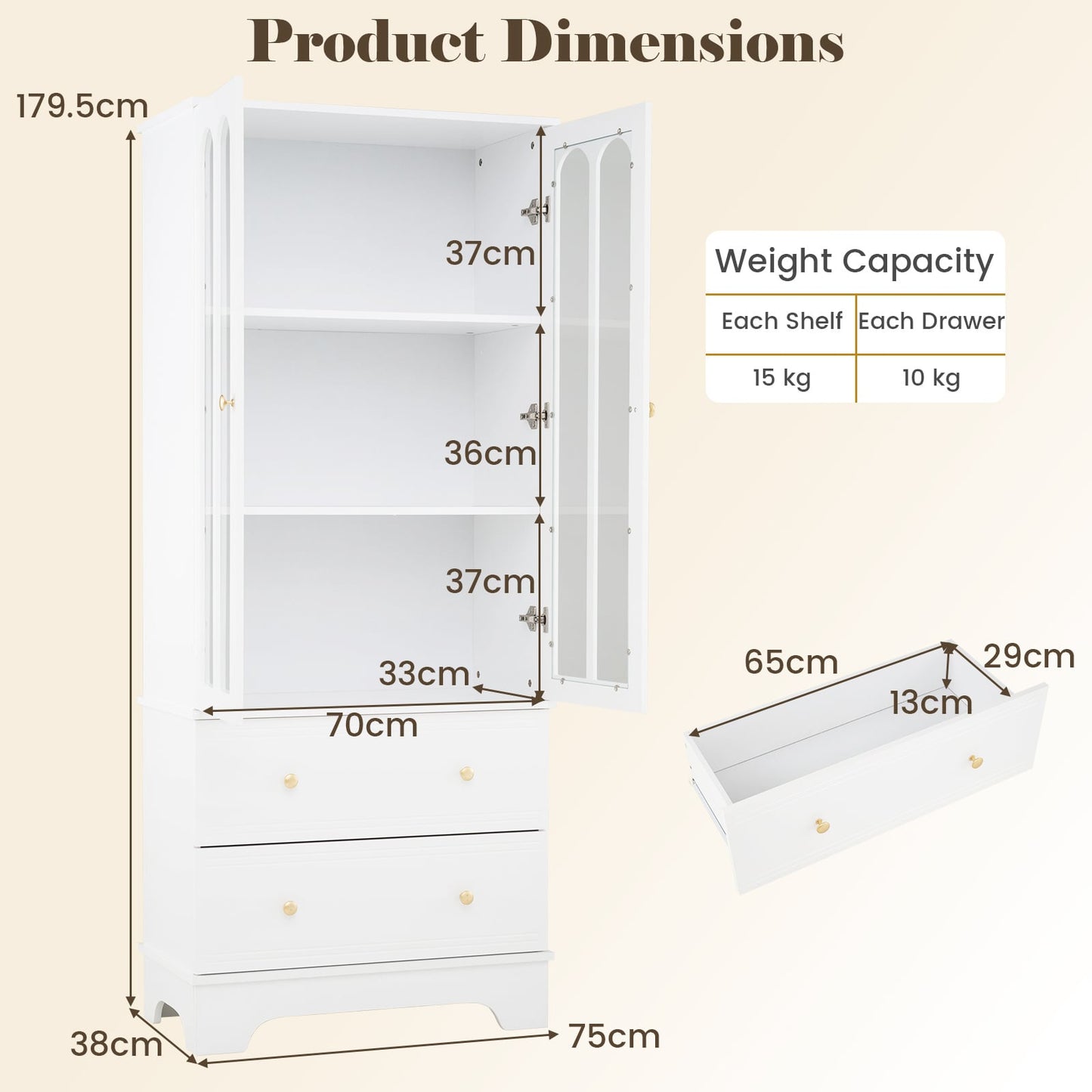 3-Tier Display Storage Cabinet with 2 Drawers and Metal Handles-White