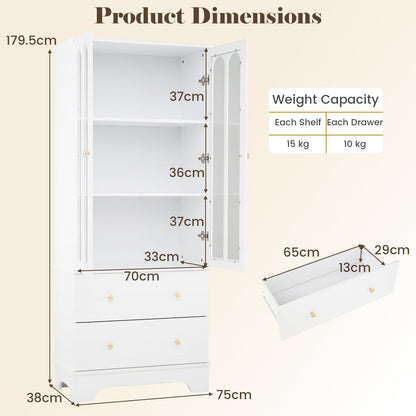 3-Tier Display Storage Cabinet with 2 Drawers and Metal Handles-White