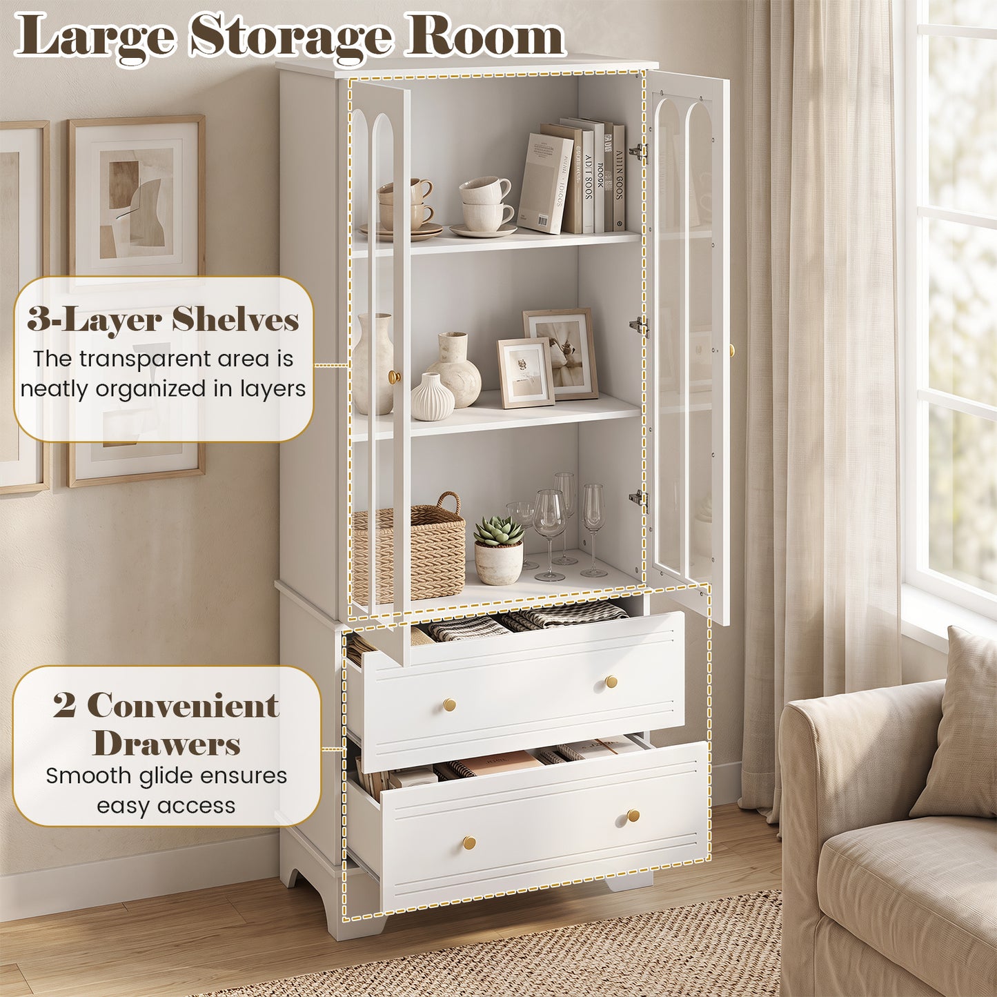 3-Tier Display Storage Cabinet with 2 Drawers and Metal Handles-White