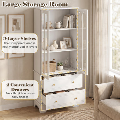 3-Tier Display Storage Cabinet with 2 Drawers and Metal Handles-White