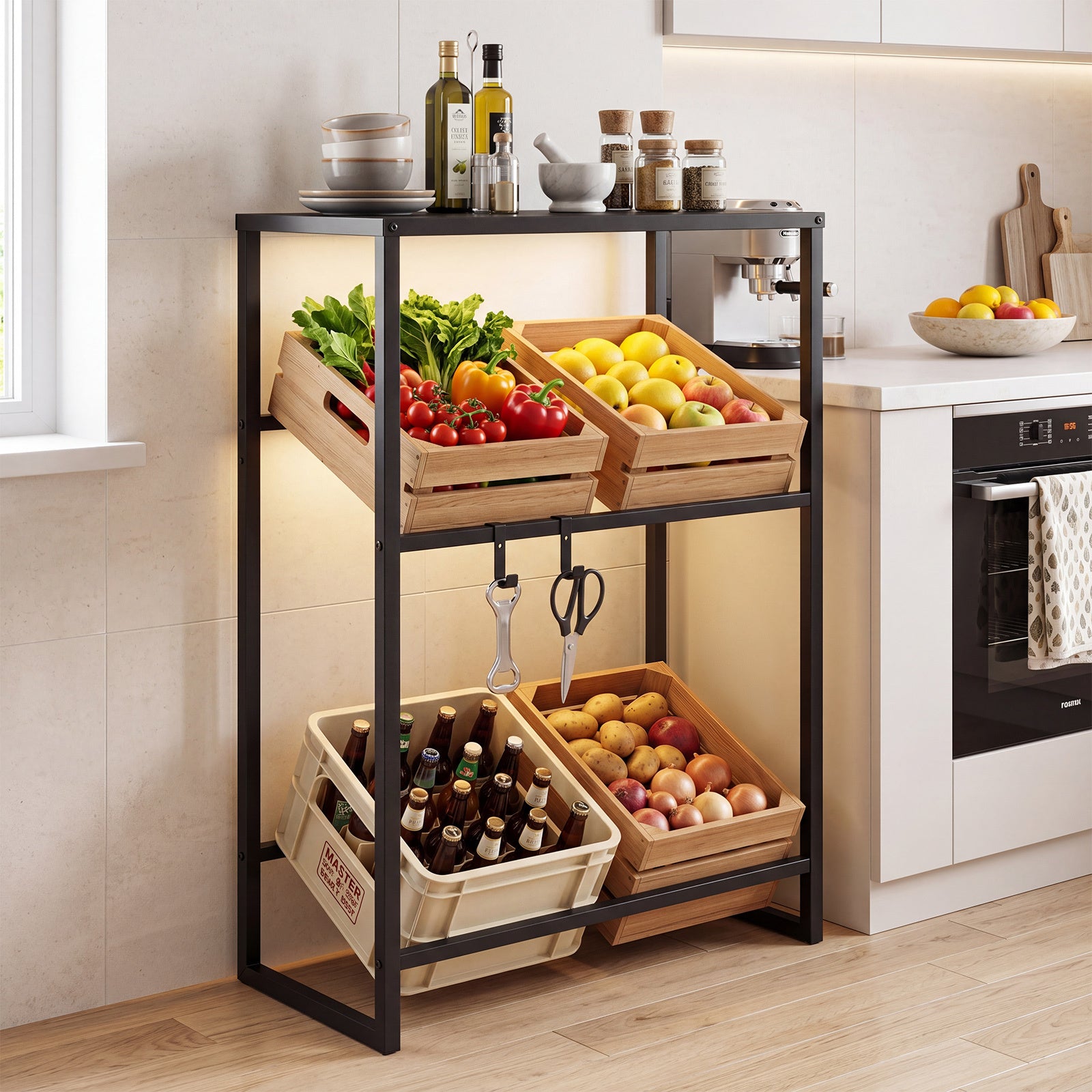 3-Tier Drink Crate Rack with Shelf and 2 Hanging Hooks-Black