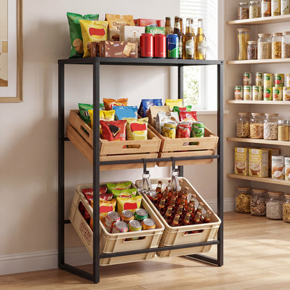 3-Tier Drink Crate Rack with Shelf and 2 Hanging Hooks-Black