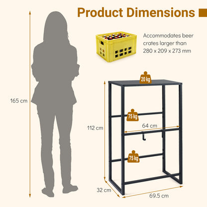 3-Tier Drink Crate Rack with Shelf and 2 Hanging Hooks-Black