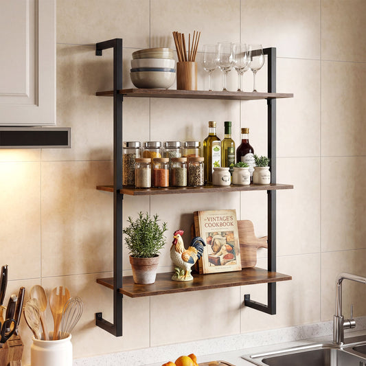 3-Tier Floating Shelf Wall Hanging Display Storage Rack for Living Room-Rustic Brown