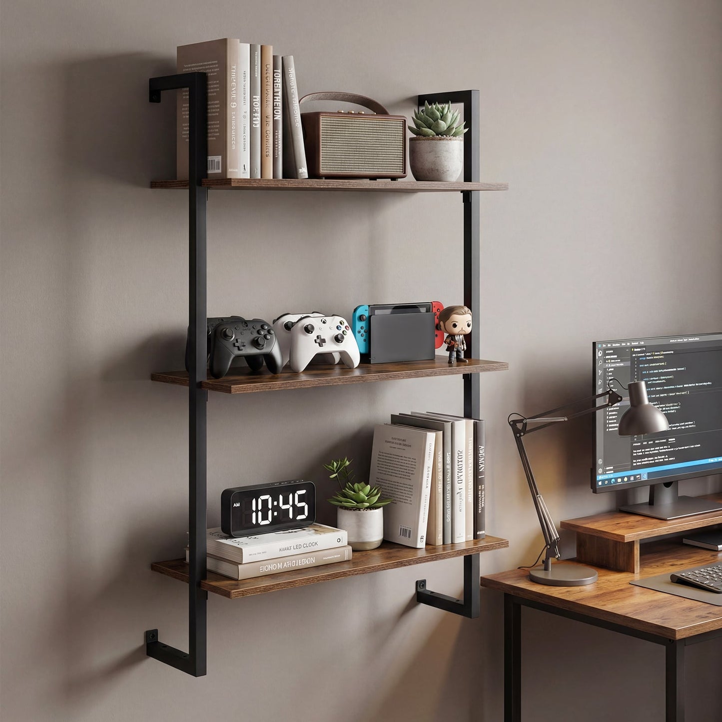 3-Tier Floating Shelf Wall Hanging Display Storage Rack for Living Room-Rustic Brown