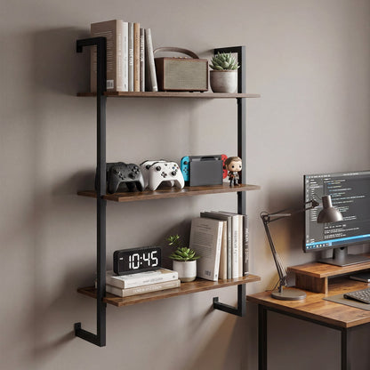 3-Tier Floating Shelf Wall Hanging Display Storage Rack for Living Room-Rustic Brown