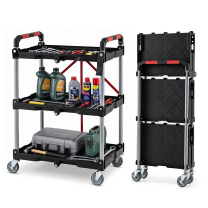 3-Tier Folding Utility Cart with 360° Swivel Wheels for Garage-Black