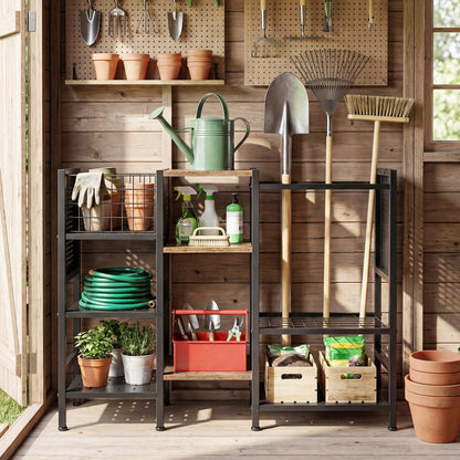 3-Tier Garden Tool Organizer with Wooden Shelves and Tool Storage Holds up to 66 Long Handled Shovels-Black