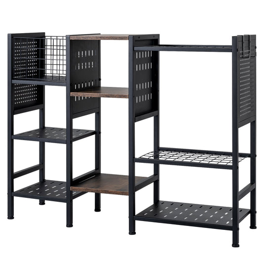 3-Tier Garden Tool Organizer with Wooden Shelves and Tool Storage Holds up to 66 Long Handled Shovels-Black