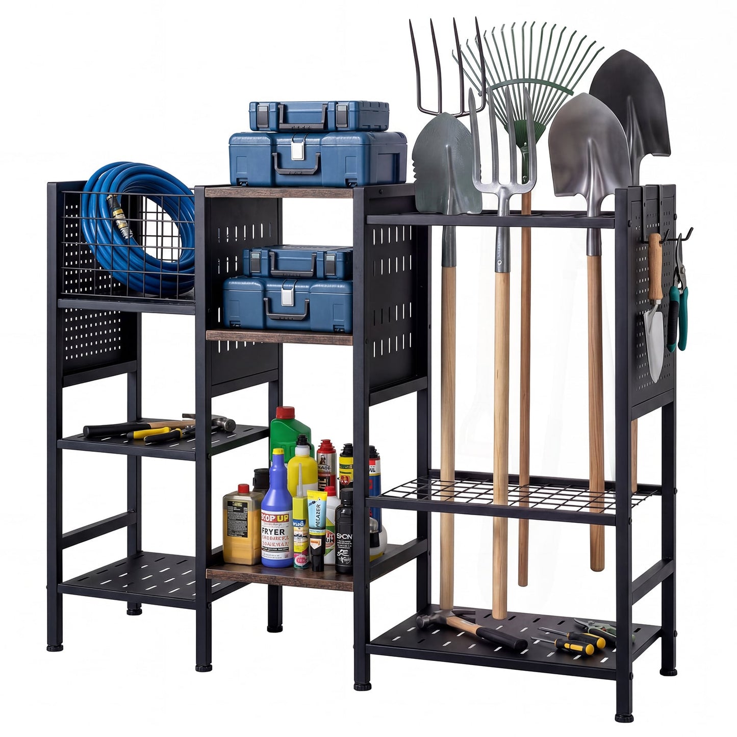 3-Tier Garden Tool Organizer with Wooden Shelves and Tool Storage Holds up to 66 Long Handled Shovels-Black