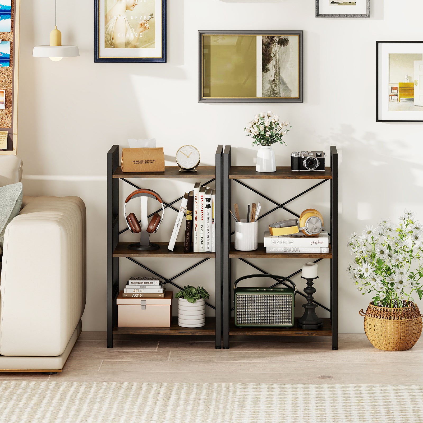 3-Tier Industrial Bookshelf with Metal Frame for Home Office-Rustic Brown