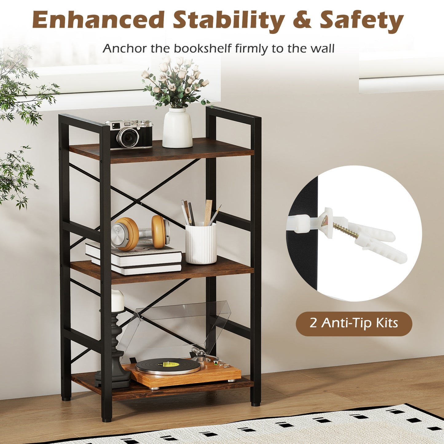 3-Tier Industrial Bookshelf with Metal Frame for Home Office-Rustic Brown