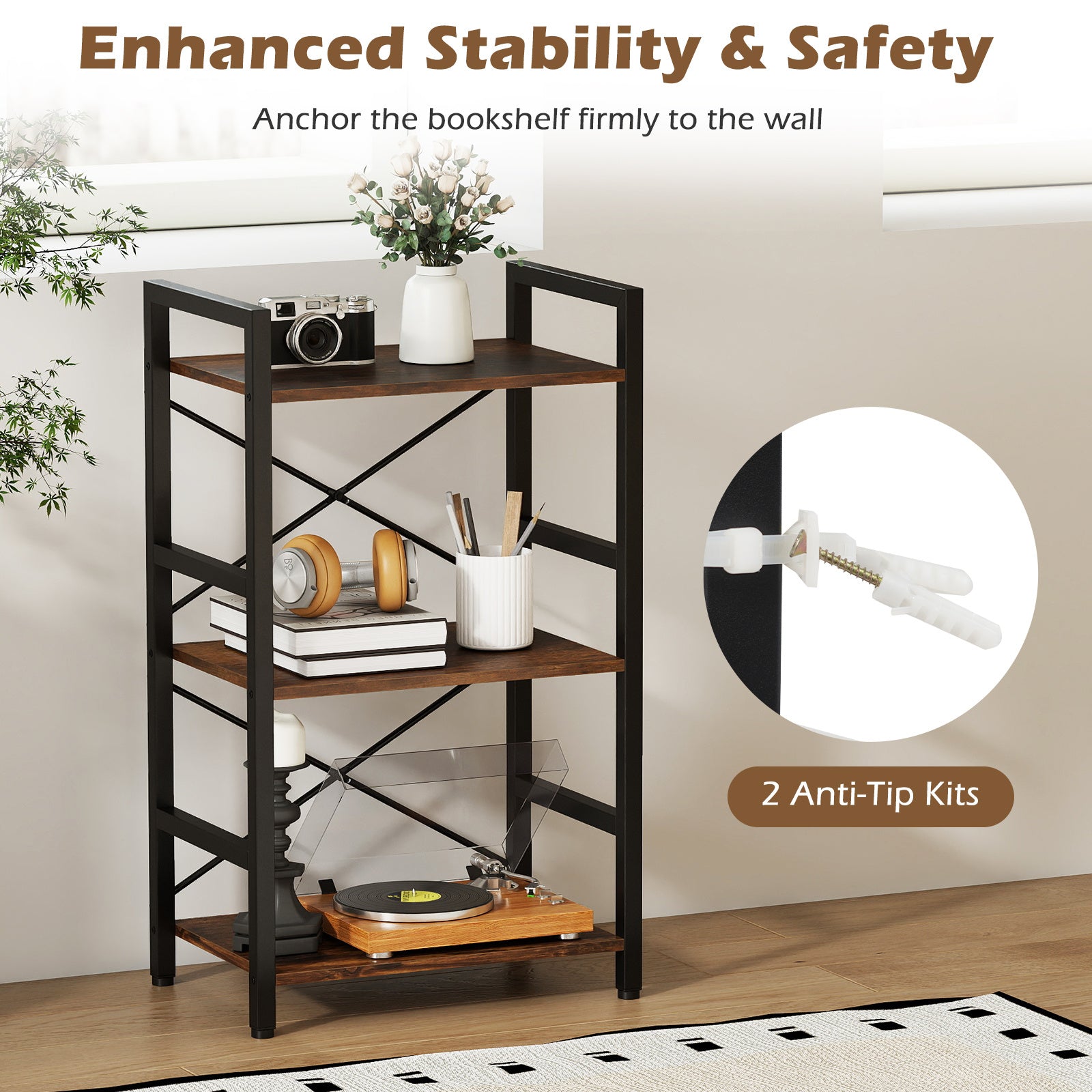 3-Tier Industrial Bookshelf with Metal Frame for Home Office-Rustic Brown