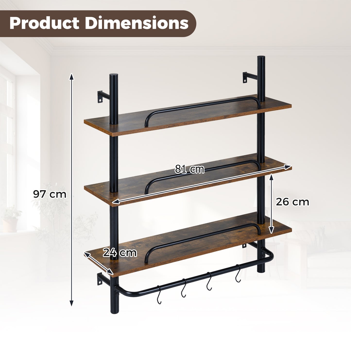 3-Tier Industrial Floating Shelves for Wall with LED Light and Remote APP Control-Black