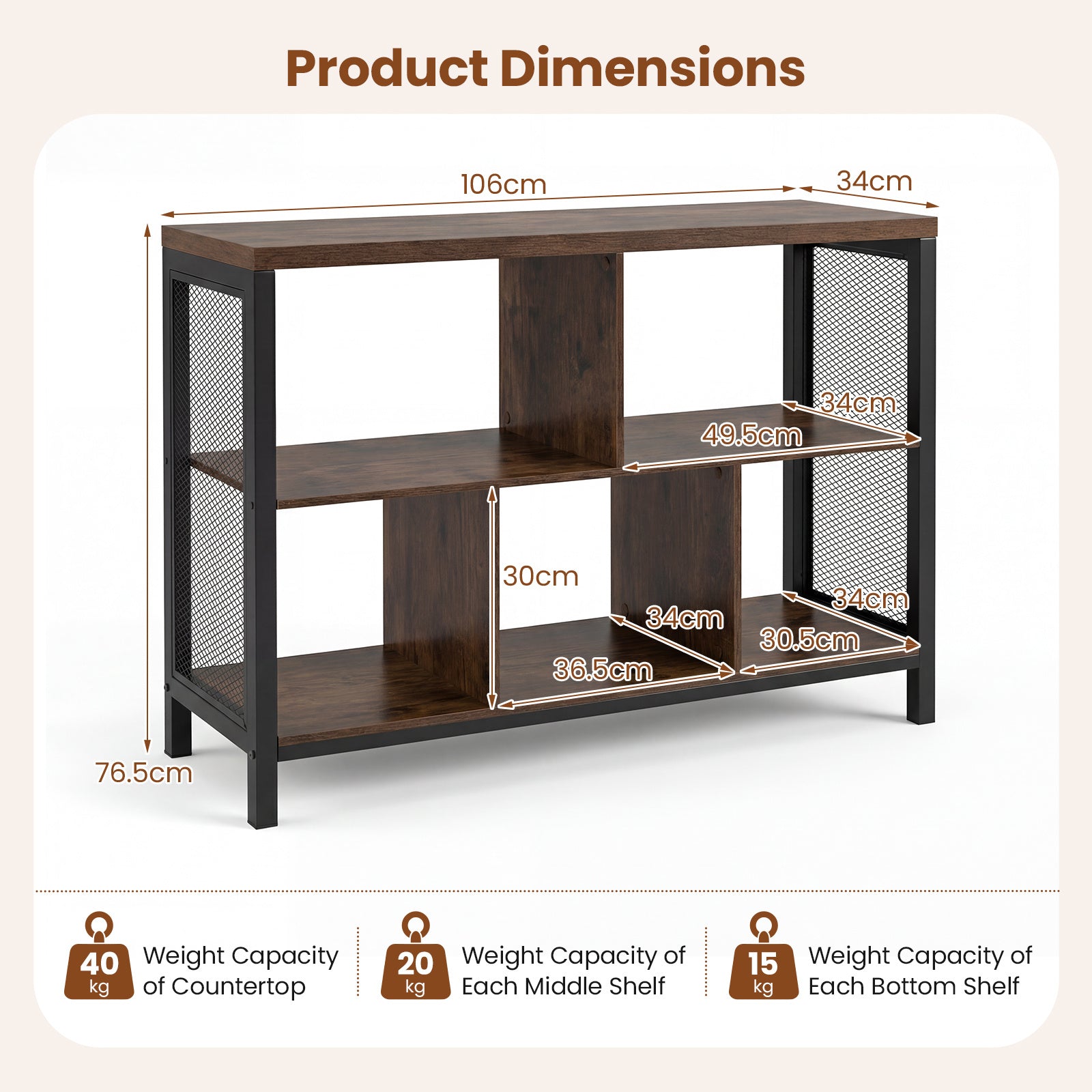 3-Tier Industrial Storage Organizer with 5 Cubes and Metal Frame-Rustic Brown