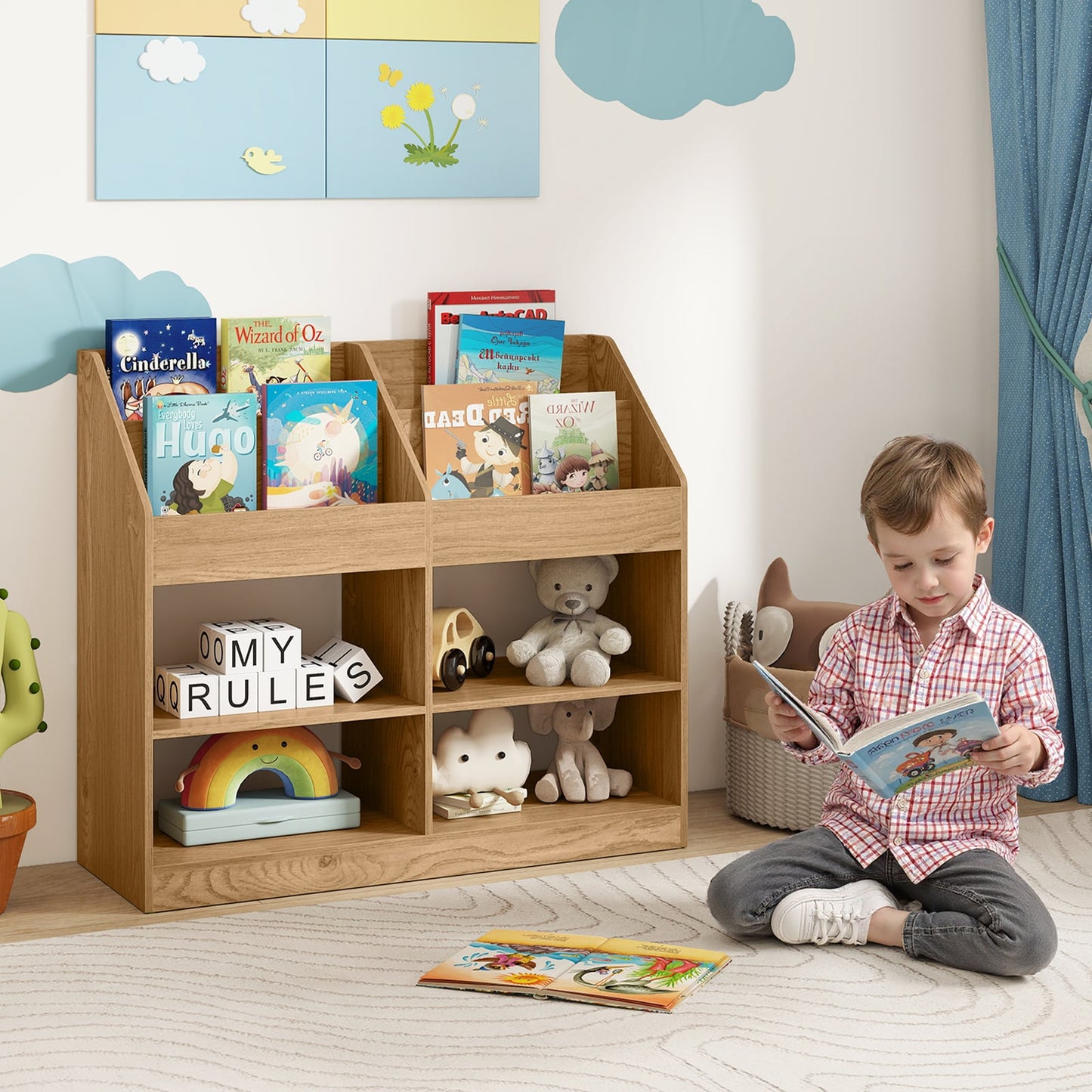 3-Tier Kid's Bookshelf with Display Rack and 4 Compartments for Kids Room-Natrual