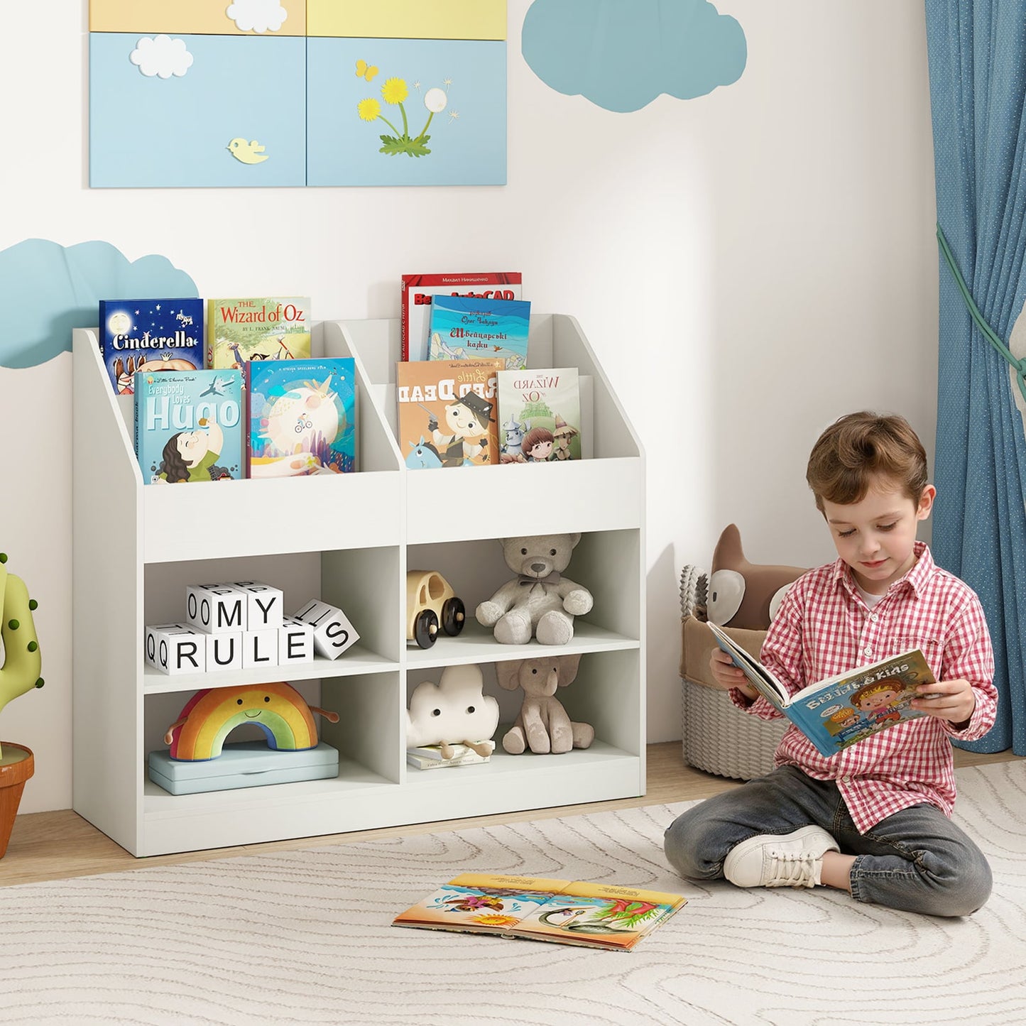 3-Tier Kid's Bookshelf with Display Rack and 4 Compartments for Kids Room-White