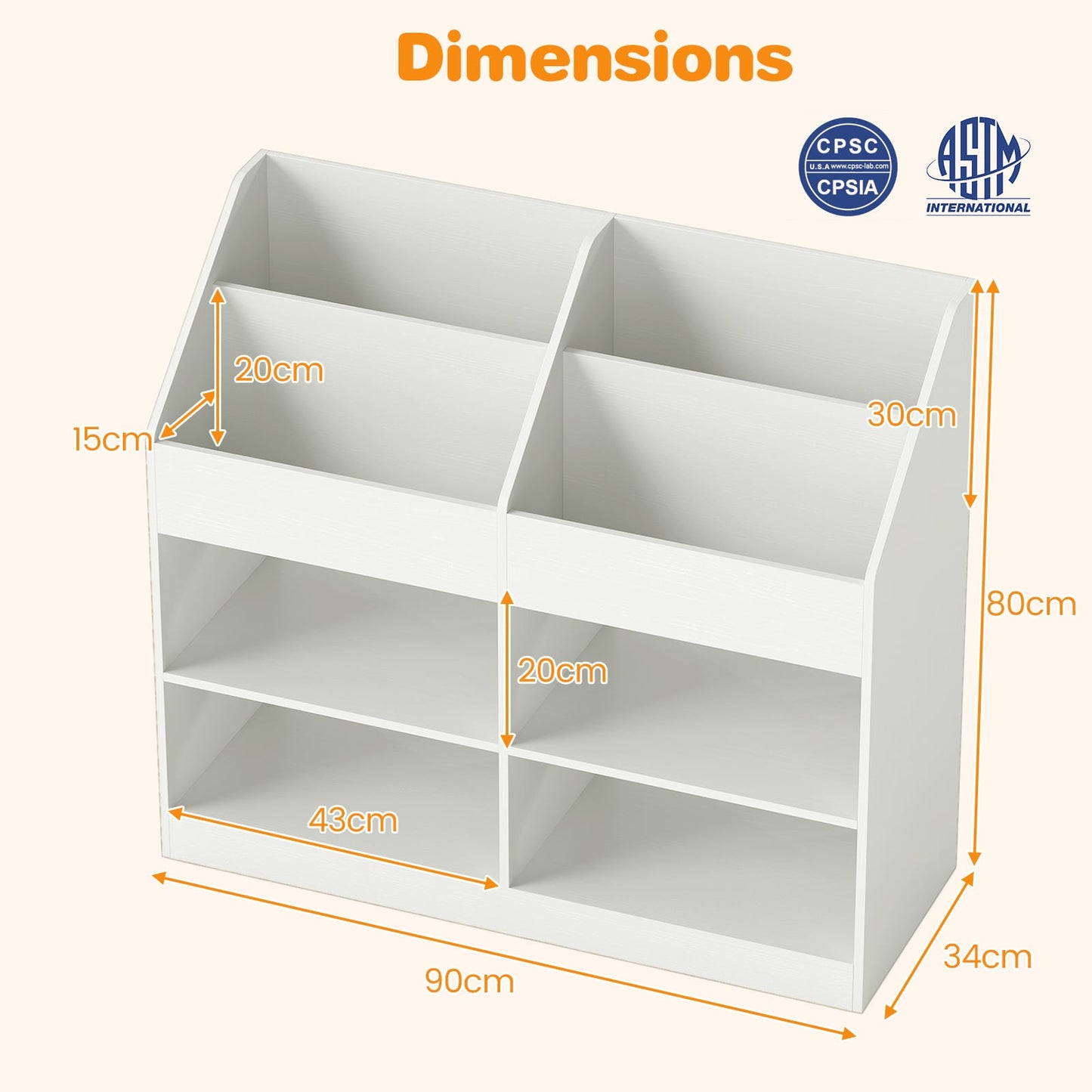 3-Tier Kid's Bookshelf with Display Rack and 4 Compartments for Kids Room-White