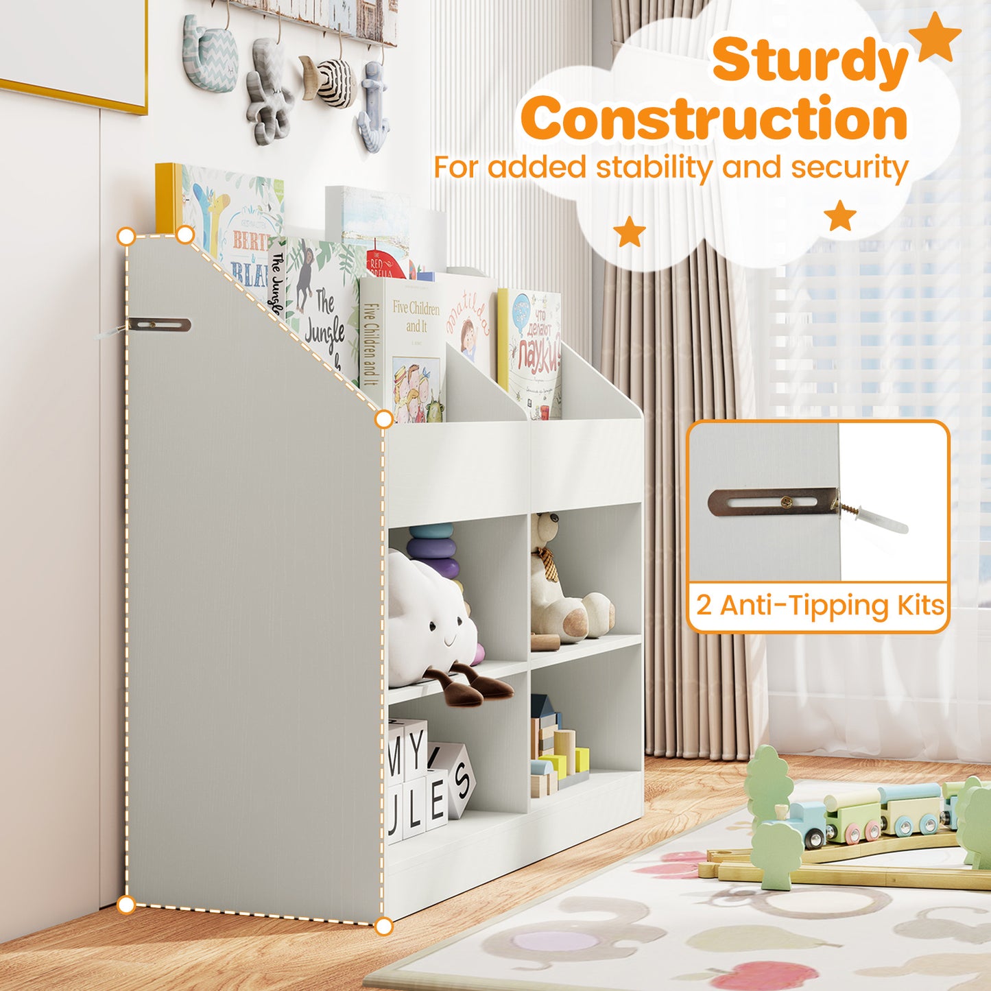 3-Tier Kid's Bookshelf with Display Rack and 4 Compartments for Kids Room-White